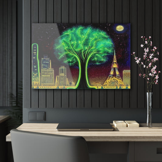 Acrylic Prints; Glowing Cityscape; tree poster; nature poster; Wall decoration, home decor; green city poster unique beautiful